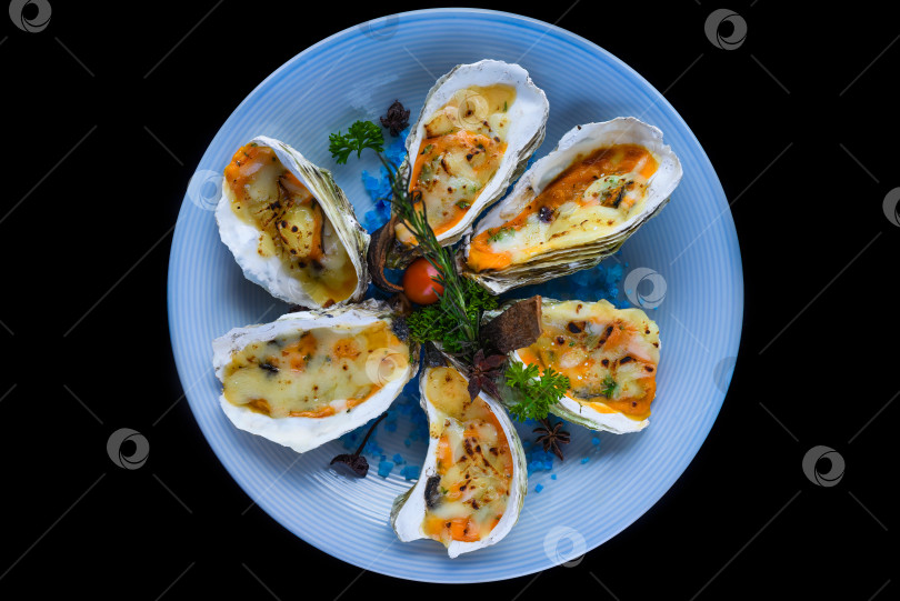 Скачать устрицы, запеченные с сыром на тарелке, посыпанные голубой солью, выделенной черным цветом, вид сверху фотосток Ozero