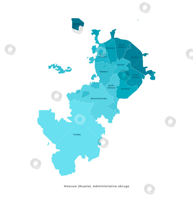Скачать Векторная изолированная иллюстрация с упрощенной формой карты Москвы, столицы России. Административное деление на округа. Текст на английском языке. Белый фон фотосток Ozero