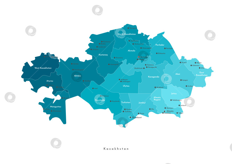 Скачать Векторная современная изолированная иллюстрация. Упрощенная административная карта Казахстана. Названия столицы, городов и регионов фотосток Ozero