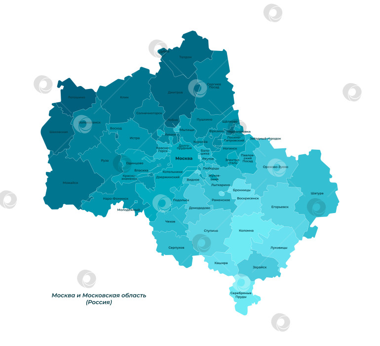 Скачать Векторная изолированная упрощенная иллюстрация с изображением синей формы Московской области на карте столицы Москвы, субъектов федерации. Карта с административным делением. Примечание, текст на русском языке. Белый фон фотосток Ozero