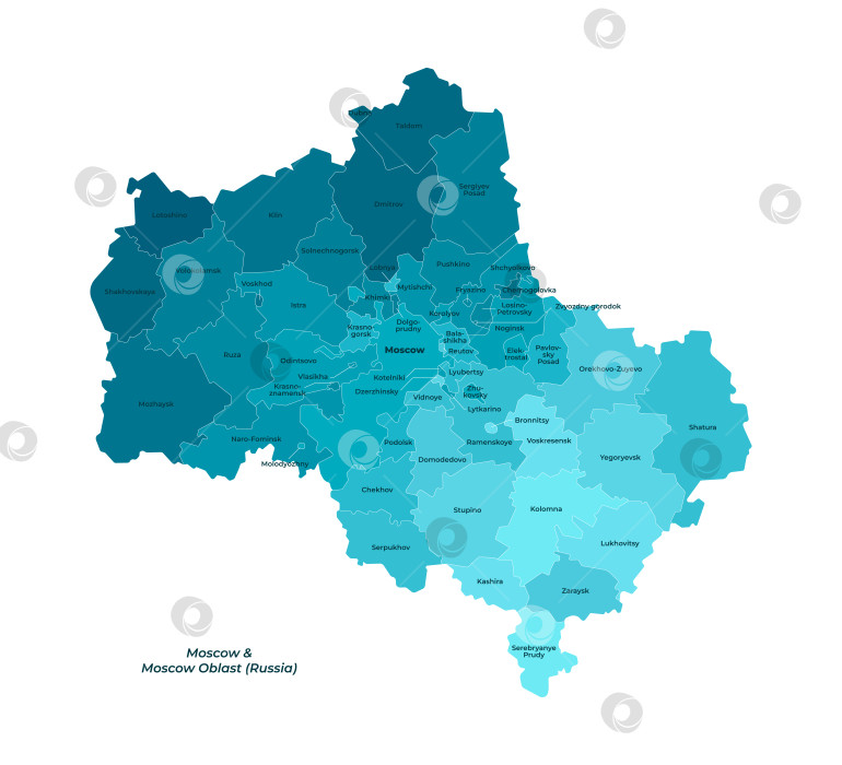 Скачать Векторная изолированная упрощенная иллюстрация с синей формой Московской области и картой столицы Москвы, субъектами федерации. Карта с административным делением. Текст на английском языке. Белый фон фотосток Ozero
