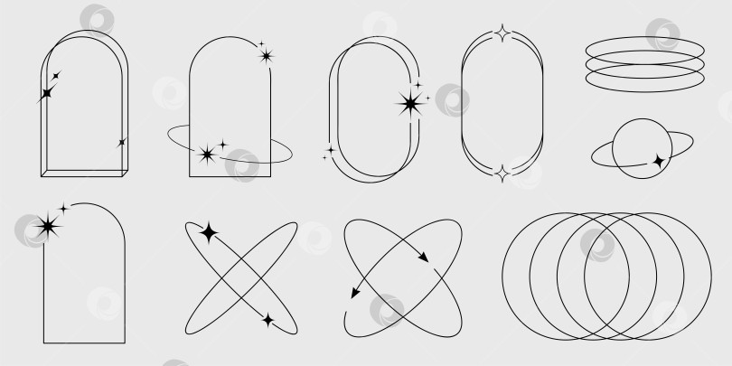 Скачать Набор геометрических фигур в модном стиле 90-х. Модный черный дизайн с рамкой, блестками, сердечками, кругами, звездами, линиями, античными статуэтками. фотосток Ozero
