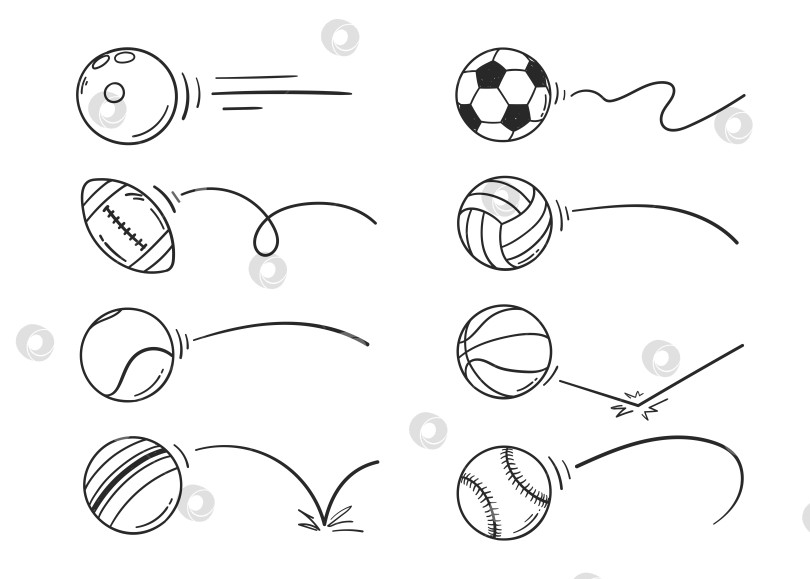 Скачать векторная иллюстрация набора отскоков спортивного мяча с нарисованными от руки каракулями фотосток Ozero