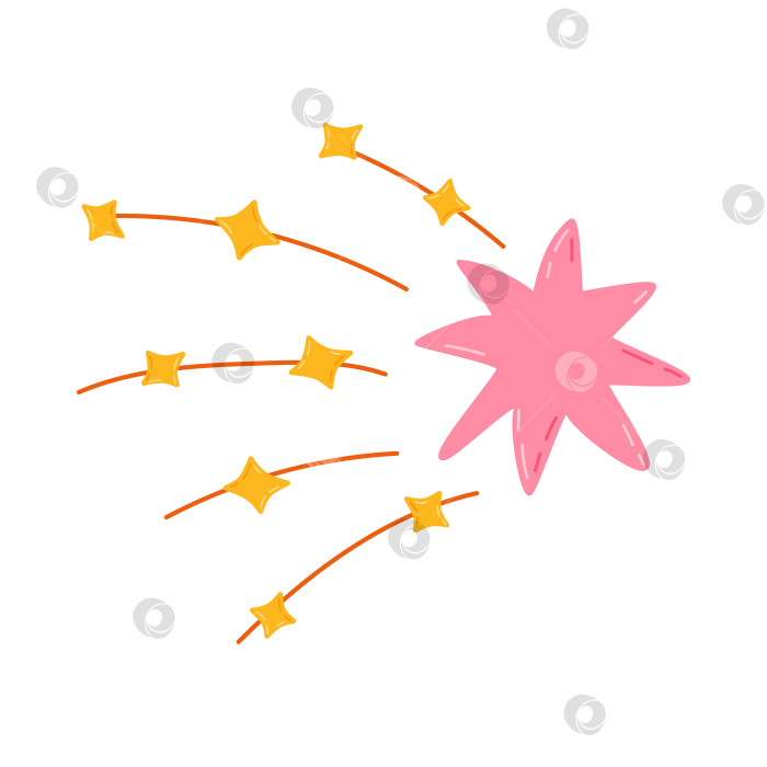 Скачать Симпатичный рисованный рисунок падающей звезды с хвостом в простом мультяшном стиле. Сверкающая волшебная звездная пыль, кометный дождь. Астрология, астрономия, рождественский элемент. Сияние Вселенной, свет, мерцающая звездная пыль. фотосток Ozero