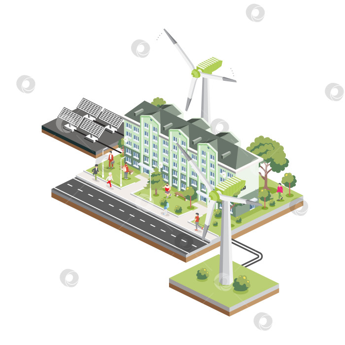 Скачать Изометрическое жилое шестиэтажное здание с солнечными батареями и ветряными турбинами. Зеленый экологичный дом. Элемент инфографики. Элемент инфографики. Городской дом. Деревья с людьми. фотосток Ozero