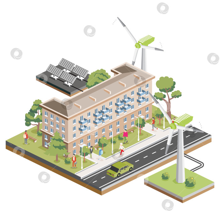 Скачать Изометрическое жилое пятиэтажное здание с солнечными батареями и ветряными турбинами. Зеленый экологичный дом. Элемент инфографики. Элемент инфографики. Городской дом. Деревья с людьми. фотосток Ozero