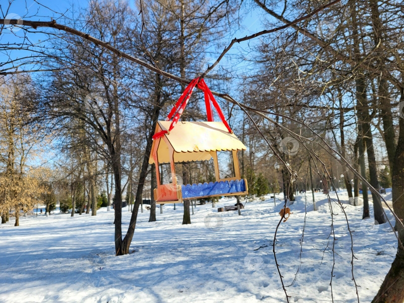 Скачать В зимнем парке на ветке дерева висит деревянная кормушка для птиц фотосток Ozero