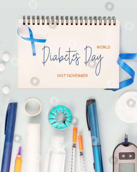 Скачать Открытка на День борьбы с диабетом с инструментами для борьбы с диабетом и надписью фотосток Ozero