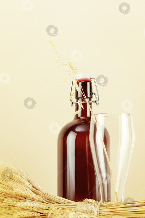 Скачать Бутылка домашнего пива и пустой бокал с ароматом ржи и пшеницы фотосток Ozero