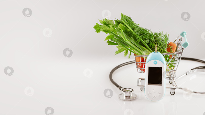 Скачать Свежие овощи в корзине для покупок с глюкометром и стетоскопом фотосток Ozero