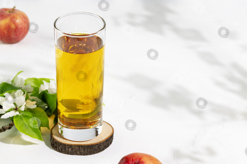 Скачать Стакан натурального яблочного сока с яблоками на белом столе с местом для копирования фотосток Ozero
