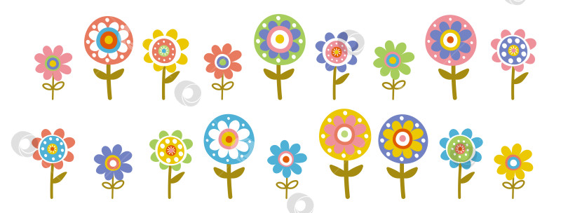 Скачать Детские цветы. Милые мультяшные простые цветы, детская иллюстрация, клипарт для весеннего и летнего сада. фотосток Ozero