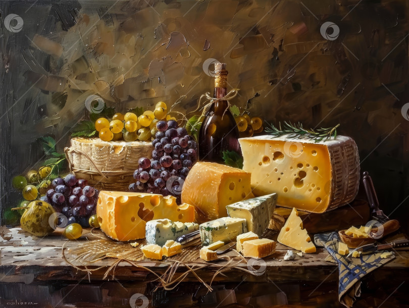 Скачать Картина, изображающая стол с разнообразными сырами и виноградом фотосток Ozero