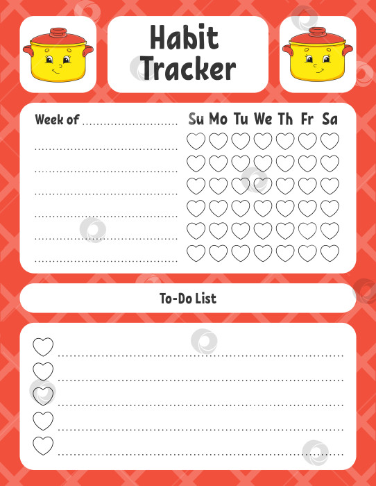 Скачать Программа отслеживания привычек для детей. Шаблон листа для печати. С симпатичным персонажем. Векторная иллюстрация. фотосток Ozero
