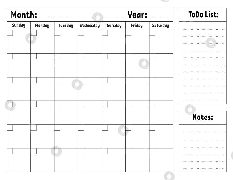 Скачать Пустой шаблон календаря на один месяц без дат. Красочный дизайн с симпатичным персонажем. Векторная иллюстрация. фотосток Ozero