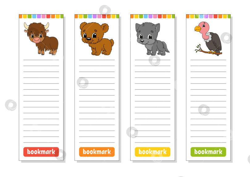 Скачать Набор бумажных закладок для книг с милыми героями мультфильмов. Для детей. Выделенные на белом фоне. Векторная иллюстрация. фотосток Ozero