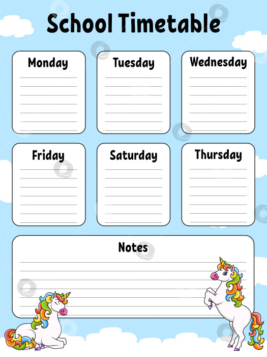 Скачать Школьное расписание с волшебным единорогом. Для обучения детей. Выделено на белом фоне. С милым мультяшным персонажем. фотосток Ozero