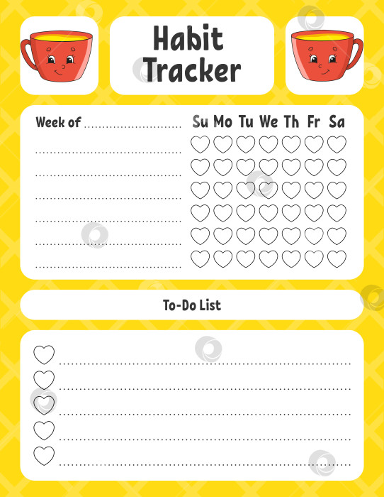 Скачать Программа отслеживания привычек для детей. Шаблон листа для печати. С симпатичным персонажем. Векторная иллюстрация. фотосток Ozero