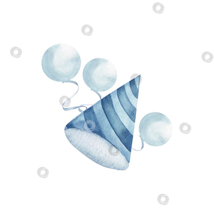 Скачать Шапочка на день рождения с воздушными шарами, выполненная синей монохромной акварелью. Детский рисунок от руки, оформление детского праздника, вечеринки, поздравительная открытка, приглашение, дизайн упаковки. фотосток Ozero