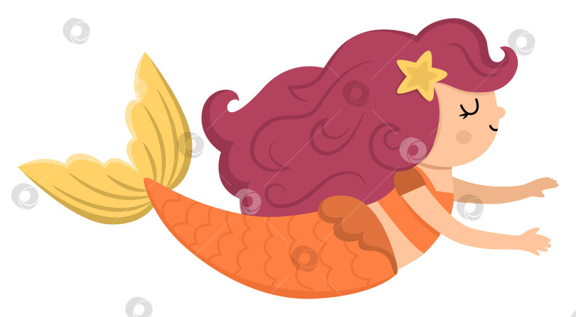 Скачать Сказочная векторная русалка с рыжими волосами. Фантастическая девушка-рыбка, выделенная на белом фоне. Сказочная морская принцесса. Остров сокровищ, значок подводного приключения. Симпатичный персонаж-сирена фотосток Ozero