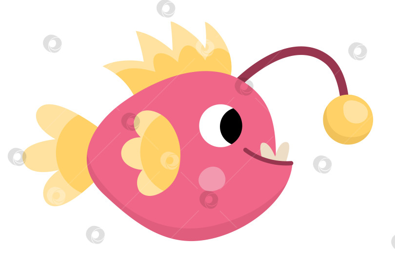 Скачать Векторная розовая иконка рыбы-удильщика. Иллюстрация под водой с милым забавным существом с лампой. Клипарт с изображением океанских животных. Мультяшный подводный или морской клип для детей, изолированный на белом фоне фотосток Ozero