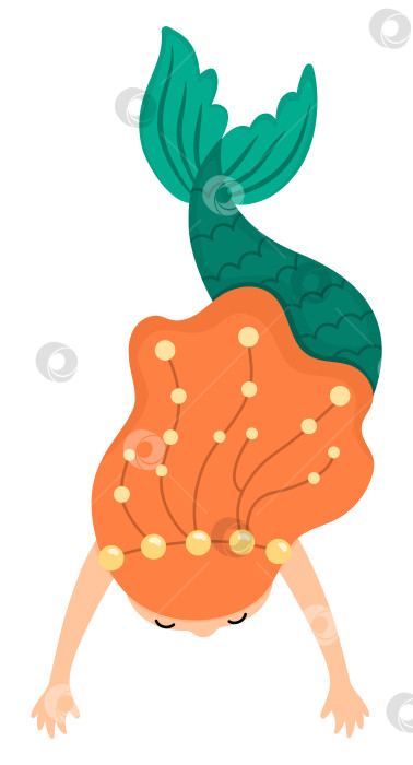 Скачать Сказочный векторный вид сверху на плавающую русалку с рыжими волосами. Фантастическая девушка-рыба, выделенная на белом фоне. Сказочная морская принцесса. Значок подводного приключения. Симпатичный персонаж сирены фотосток Ozero
