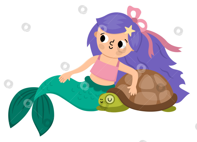 Скачать Сказочная русалка с фиолетовыми волосами, сидящая рядом с черепахой. Фантастическая девушка-рыба, выделенная на белом фоне. Сказочная морская принцесса. Симпатичный персонаж сирена. Значок подводного приключения фотосток Ozero
