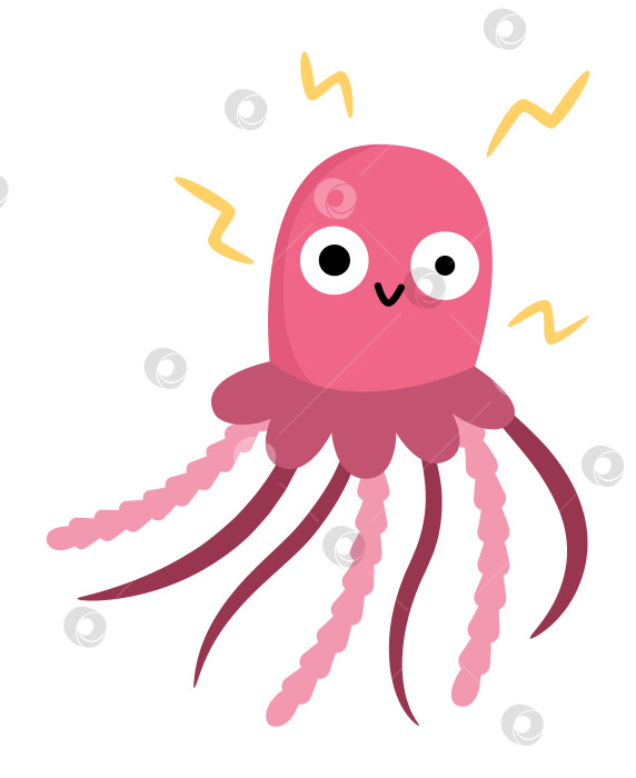 Скачать Векторная иконка розовой медузы. Иллюстрация "Под водой" с милыми забавными медузами, находящимися под электрическими разрядами. Клипарт с изображением океанских животных. Мультяшный подводный или морской клип для детей, выделенный на белом фоне фотосток Ozero