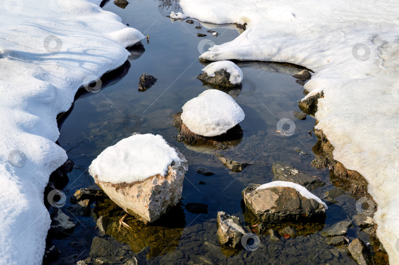 Скачать Тающий снег на камнях превращается в воду. Весна фотосток Ozero