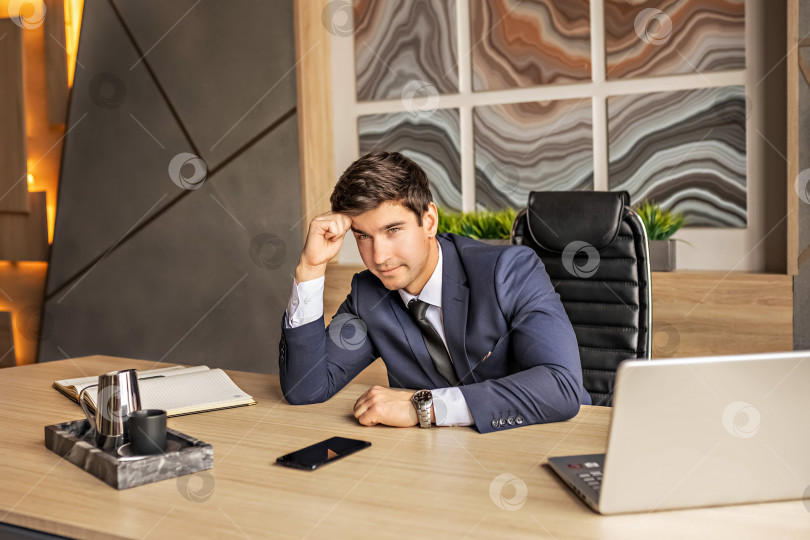 Скачать Портрет красивого молодого бизнесмена, рабочего, наемного предпринимателя, фрилансера, сидящего за столом за компьютером, в современном офисе, концепция карьеры фотосток Ozero