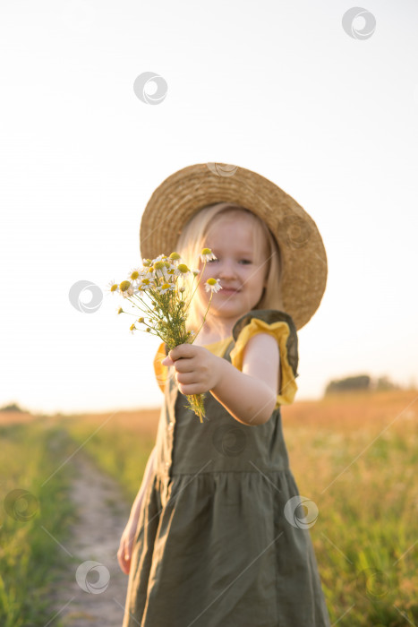 Скачать Маленькая светловолосая девочка в соломенной шляпке прогуливается по полю с букетом ромашек. фотосток Ozero