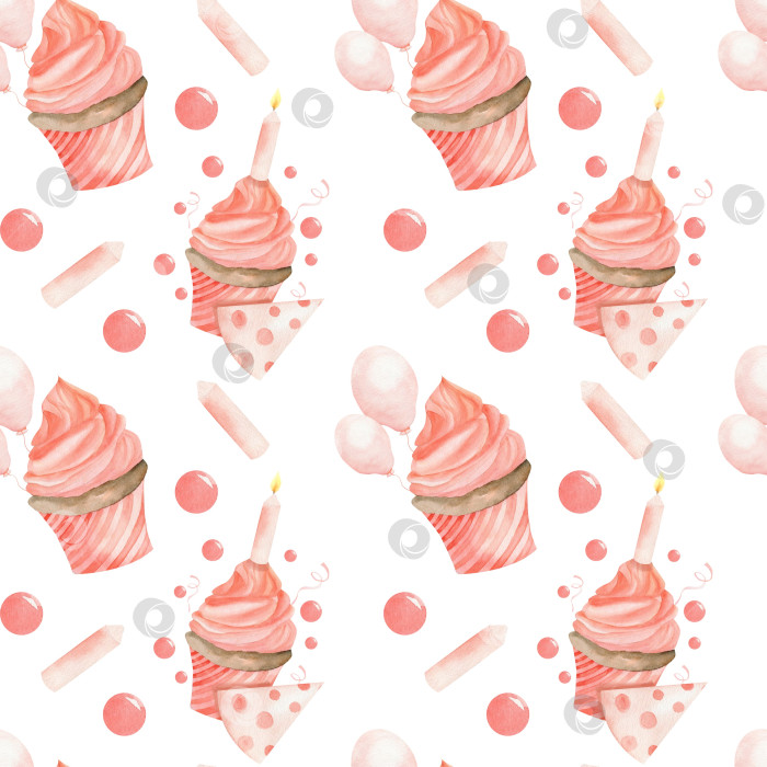 Скачать Бесшовный узор на день рождения маленькой девочки. Розовый кекс с воздушными шарами на фоне праздничной вечеринки, оберточной бумаги, канцелярских принадлежностей, дизайна подарочной коробки фотосток Ozero