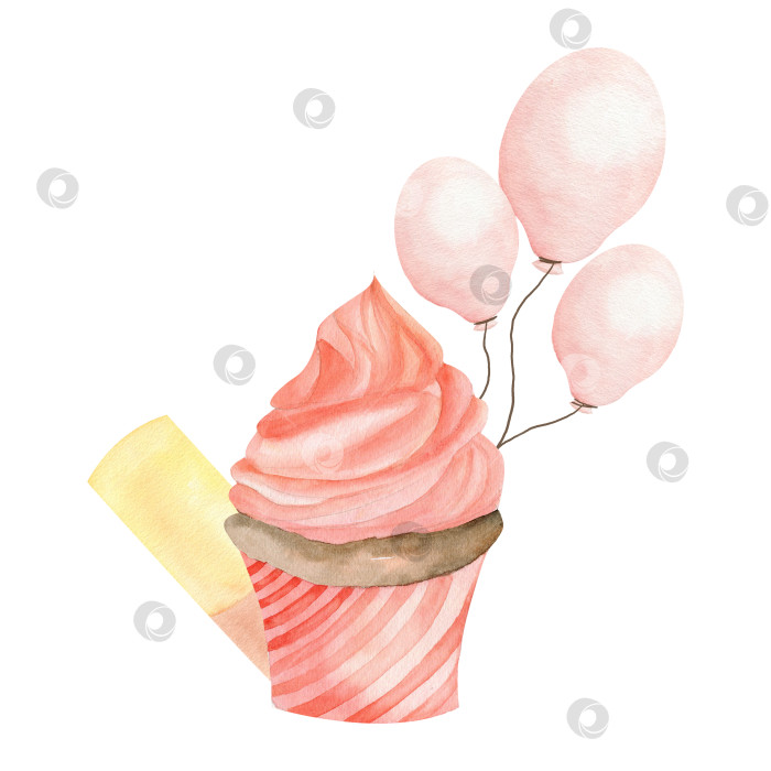 Скачать Розовый кекс на день рождения с воздушным шаром и конфетти, выполненный акварелью. Рисованная композиция из продуктов для детского праздника, поздравительная открытка, канцелярские принадлежности, упаковка, дизайн логотипа фотосток Ozero