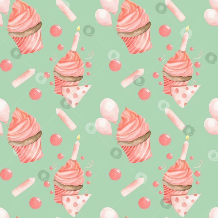 Скачать Бесшовный узор на красочном фоне на день рождения маленькой девочки. Розовый кекс с воздушными шарами, шляпой на день рождения и свечами на фоне праздничной вечеринки, оберточной бумаги, канцелярских принадлежностей, дизайна подарочной коробки фотосток Ozero