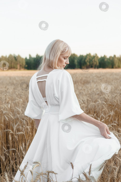 Скачать Светловолосая женщина в длинном белом платье прогуливается по пшеничному полю. Концепция свадьбы и прогулки на природе. фотосток Ozero