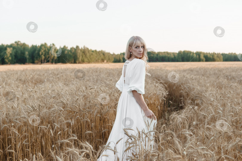 Скачать Светловолосая женщина в длинном белом платье прогуливается по пшеничному полю. Концепция свадьбы и прогулки на природе фотосток Ozero