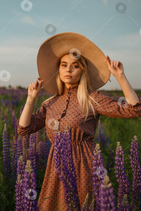 Скачать Красивая женщина в соломенной шляпе прогуливается по полю с фиолетовыми цветами. Прогулка на природе по полю люпина фотосток Ozero