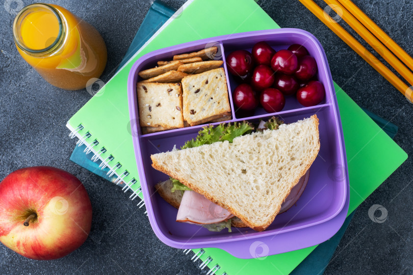 Скачать Вкусный и полезный сэндвич в ланч-боксе с печеньем и вишней. Возьмите ланч с собой в школу или офис. Сок в бутылке и яблоко. фотосток Ozero