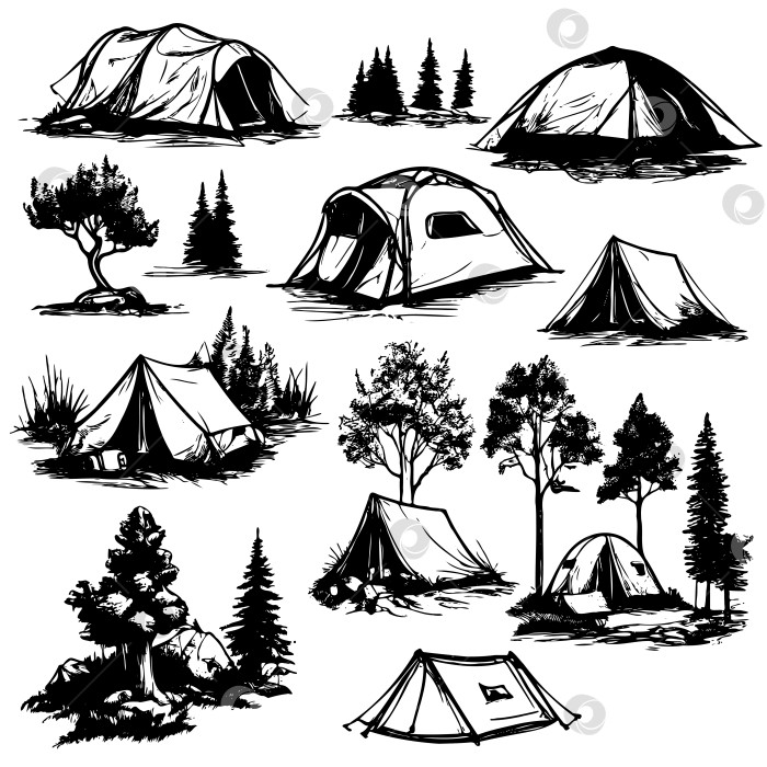 Скачать Коллекция палаток и деревьев в лесу. фотосток Ozero