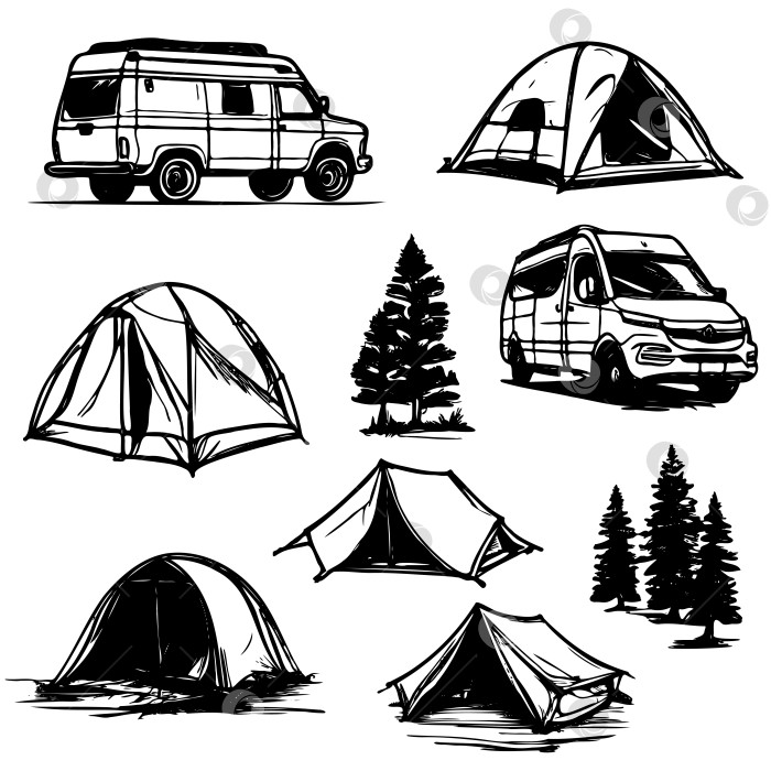 Скачать Рисунок с изображением фургона, палатки и дерева. фотосток Ozero