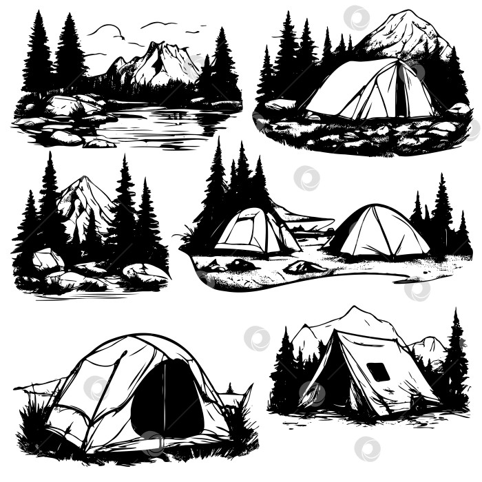 Скачать Серия черно-белых рисунков с изображением палаток и гор фотосток Ozero