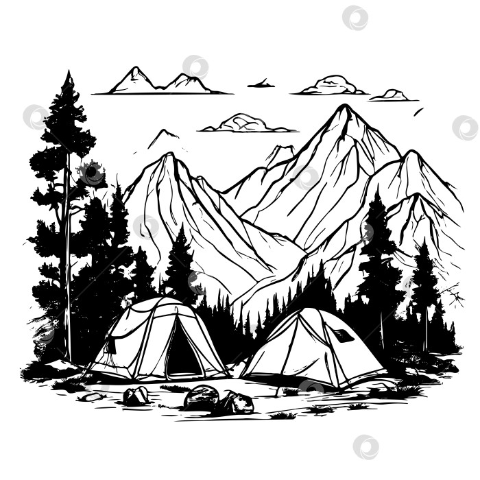 Скачать Рисунок, на котором изображены две палатки в лесу на фоне гор. фотосток Ozero
