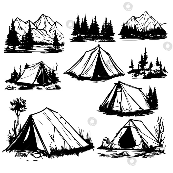 Скачать Набор черно-белых рисунков палаток в лесу фотосток Ozero