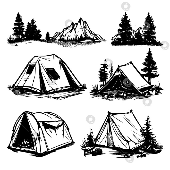 Скачать Набор рисунков палаток и гор фотосток Ozero
