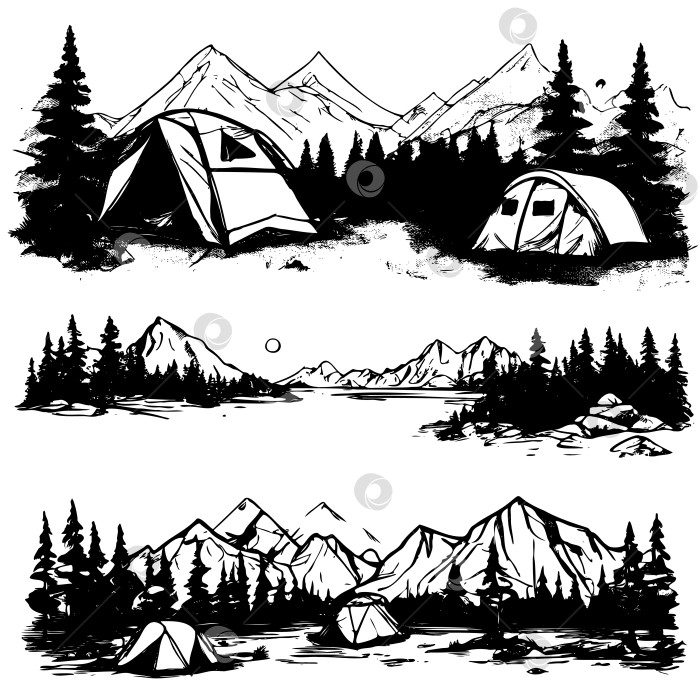 Скачать Черно-белый рисунок, на котором изображен кемпинг с палаткой, трейлером и хижиной фотосток Ozero