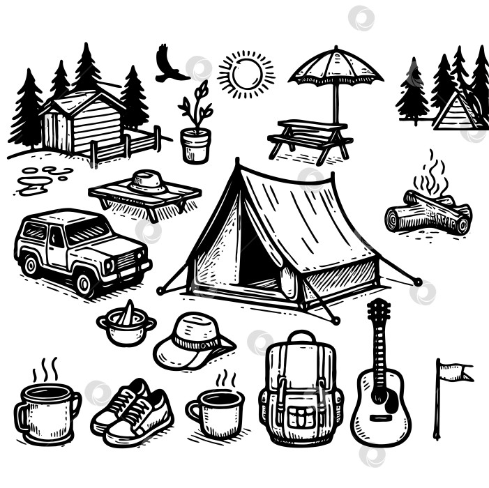 Скачать Рисунок кемпинга с палаткой, машиной, гитарой, рюкзаком, чашкой, шляпой фотосток Ozero