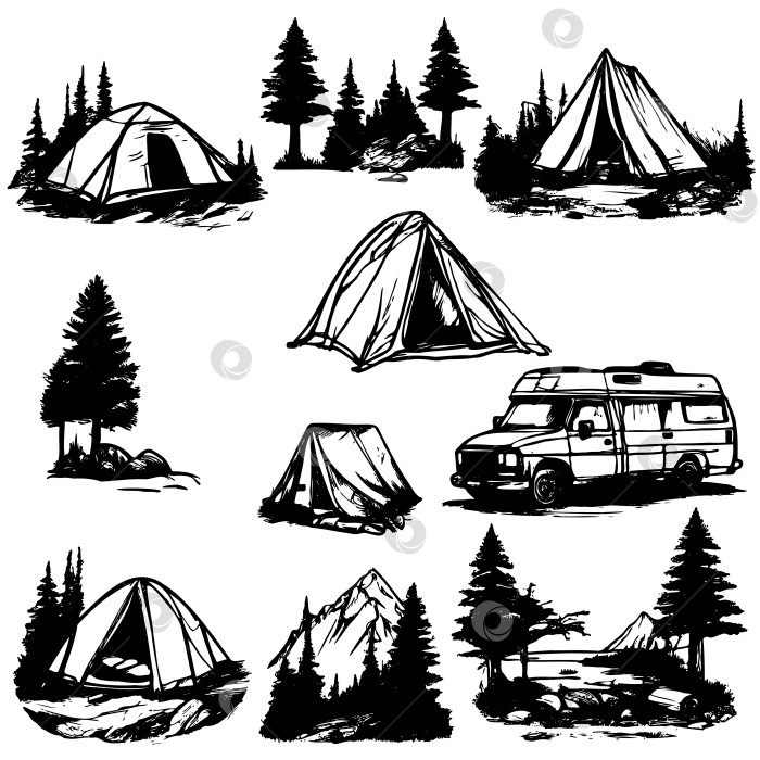 Скачать Коллекция черно-белых изображений палаток, отдыхающих на природе и грузовика фотосток Ozero