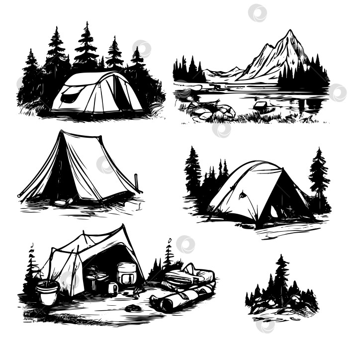 Скачать Серия черно-белых рисунков с изображением палаток и отдыхающих в лесу фотосток Ozero