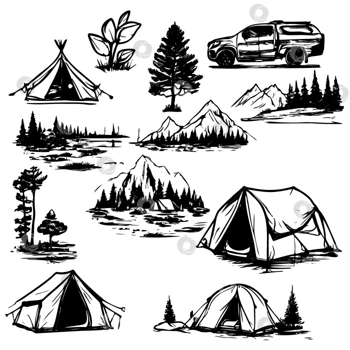 Скачать Коллекция рисунков палаток, деревьев и гор фотосток Ozero