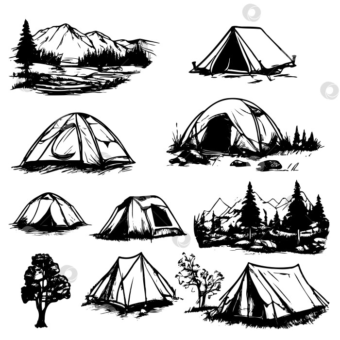 Скачать Набор рисунков палаток в лесу фотосток Ozero